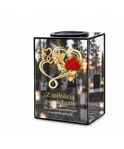 Znicz lustrzany solarny LED 15 cm – serca, anioł i róże - widok główny