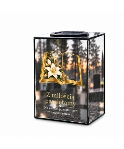 Znicz lustrzany solarny LED 15 cm – księga z lilią - widok główny