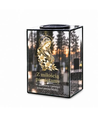 Znicz lustrzany solarny LED 15 cm – maryja i białe lilie - widok główny