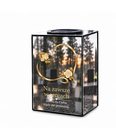 Znicz lustrzany solarny LED 15 cm – serce z delikatnymi różami - widok główny