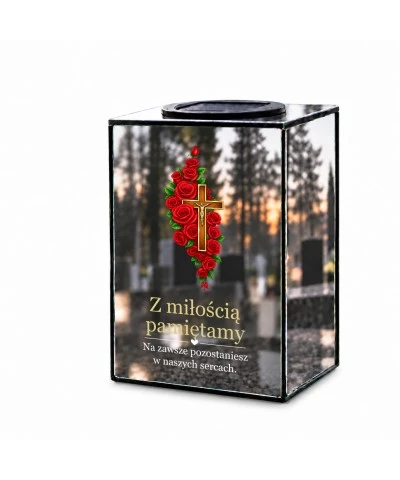Znicz lustrzany solarny LED 15 cm – krzyż z czerwonymi różami - widok główny