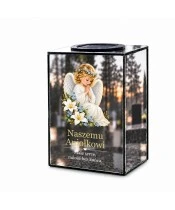 Znicz lustrzany solarny LED 15 cm – aniołek z liliami i niezapominajkami - widok główny