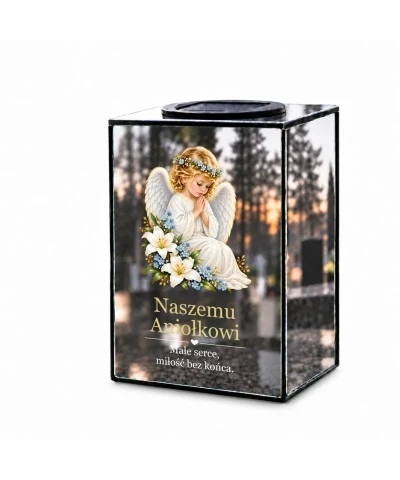 Znicz lustrzany solarny LED 15 cm – aniołek z liliami i niezapominajkami - widok główny