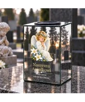 Znicz lustrzany solarny LED 15 cm – aniołek z liliami i niezapominajkami - widok produktu