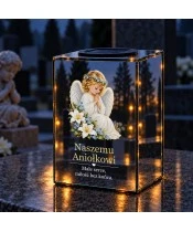 Znicz lustrzany solarny LED 15 cm – aniołek z liliami i niezapominajkami - widok produktu