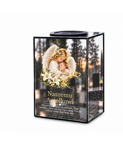 Znicz lustrzany solarny LED – Anioł tulący dziecko - widok 1