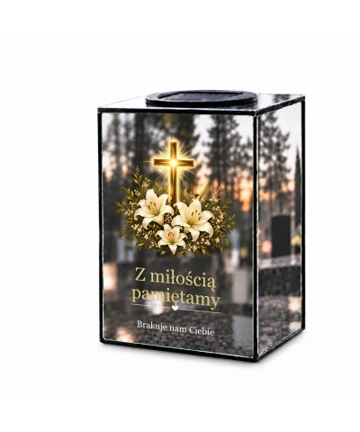 Znicz lustrzany solarny LED – Krzyż i lilie - widok 1