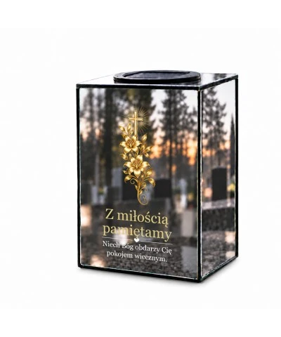 Znicz lustrzany solarny LED – Krzyż w złotych kwiatach - widok 1
