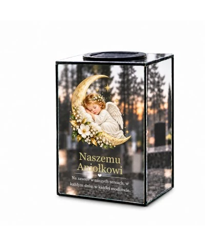 Znicz lustrzany solarny LED – Śpiący aniołek na księżycu - widok 1