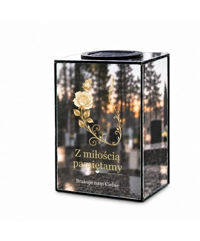 Znicz lustrzany solarny LED – Białe róże i złoty ornament - widok 1