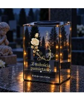 Znicz lustrzany solarny LED – Białe róże i złoty ornament - widok 3