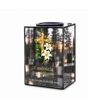 Znicz lustrzany solarny LED – Złoty krzyż z białymi liliami - widok 1