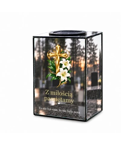 Znicz lustrzany solarny LED – Złoty krzyż z białymi liliami - widok 1