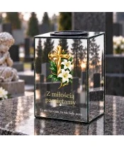 Znicz lustrzany solarny LED – Złoty krzyż z białymi liliami - widok 2