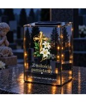 Znicz lustrzany solarny LED – Złoty krzyż z białymi liliami - widok 3