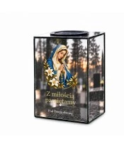 Znicz lustrzany solarny LED – Maryja z różańcem i liliami - widok 1