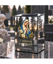 Znicz lustrzany solarny LED – Maryja z różańcem i liliami - widok 2