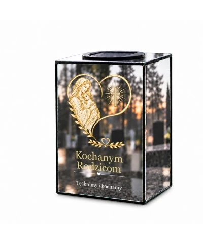 Znicz lustrzany solarny LED – Dla Rodziców – Dwa serca pod opieką Maryi - widok 1