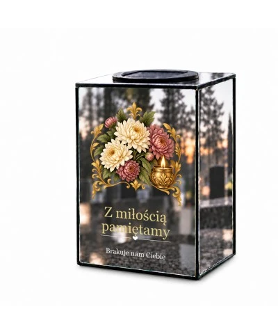 Znicz lustrzany solarny LED – Chryzantemy i płomień - widok główny