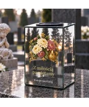 Znicz lustrzany solarny LED – Chryzantemy i płomień - widok produktu