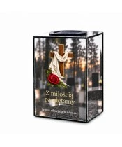 Znicz lustrzany solarny LED – Drewniany krzyż z różą - widok główny
