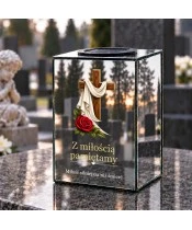 Znicz lustrzany solarny LED – Drewniany krzyż z różą - widok produktu