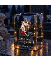 Znicz lustrzany solarny LED – Drewniany krzyż z różą - widok produktu