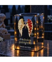 Znicz lustrzany solarny LED – Skrzydła ze złotym sercem i różami - widok produktu