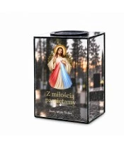 Znicz lustrzany solarny LED – Jezus Miłosierny z gałązkami oliwnymi - widok główny