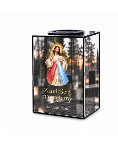 Znicz lustrzany solarny LED – Jezus Miłosierny z gałązkami oliwnymi - widok główny