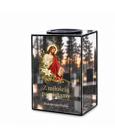 Znicz lustrzany solarny LED – Jezus z liliami - widok główny