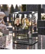 Znicz lustrzany solarny LED – Anioł z krzyżem ze zdjęciem - widok produktu
