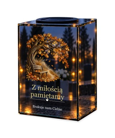 Znicz lustrzany solarny LED – Ławka pod drzewem — noc, białe tło