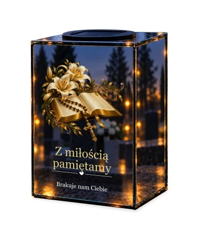 Znicz lustrzany solarny LED – Biblia z krzyżem — noc, białe tło