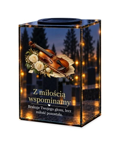 Znicz lustrzany solarny LED – Ostatnia melodia — noc, białe tło