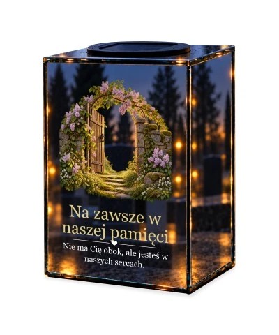 Znicz lustrzany solarny LED – Uchylona furtka — noc, białe tło