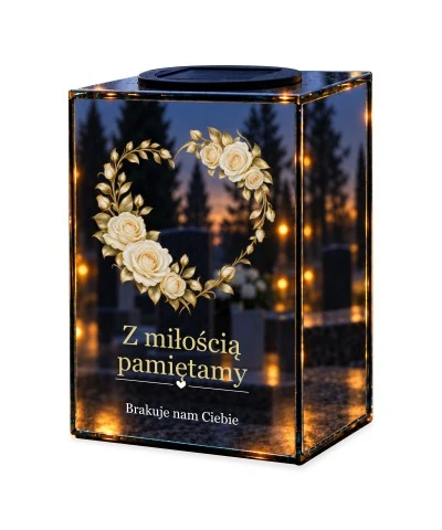 Znicz lustrzany solarny LED – Serce z róż — noc, białe tło