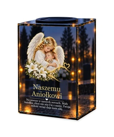 Znicz lustrzany solarny LED – Anioł tulący dziecko — noc, białe tło
