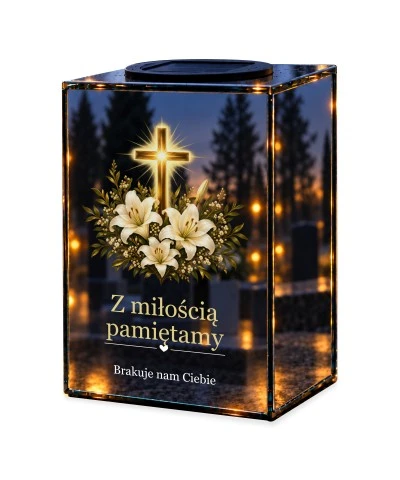 Znicz lustrzany solarny LED – Krzyż i lilie — noc, białe tło