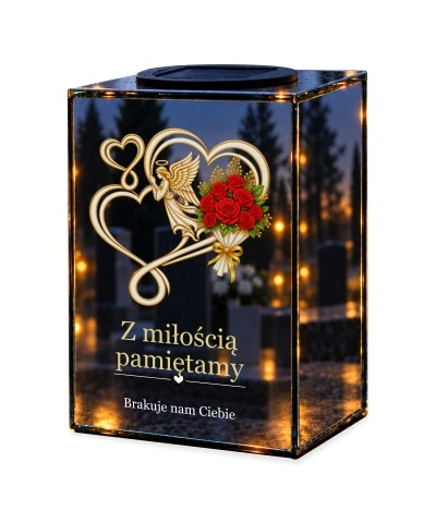 Znicz lustrzany solarny LED – Serca, anioł i róże — noc, białe tło