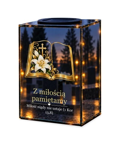 Znicz lustrzany solarny LED – Księga z lilią — noc, białe tło