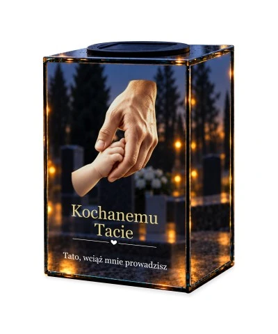 Znicz lustrzany solarny LED – Dla Taty – Dłoń ojca — noc, białe tło