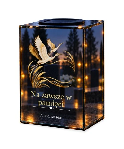 Znicz lustrzany solarny LED – Żurawie — wieczna pamięć — noc, białe tło
