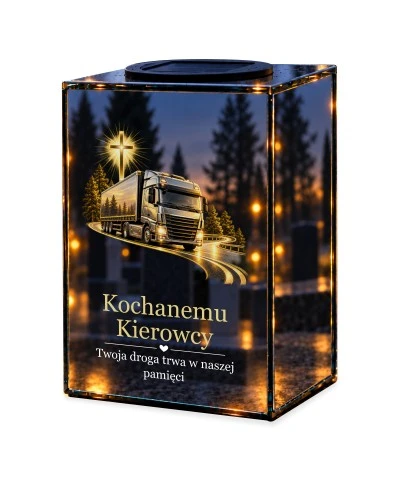 Znicz lustrzany solarny LED – Kierowca ciężarówki — ostatnia droga — noc, białe tło