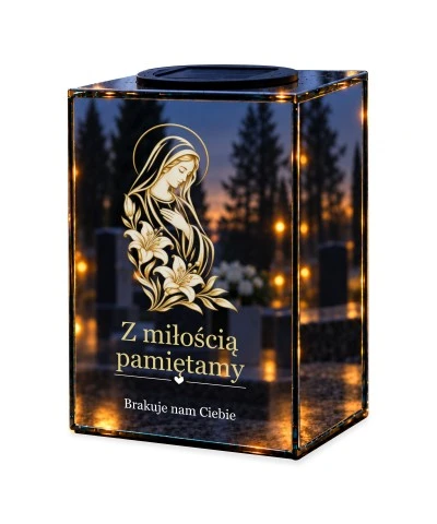 Znicz lustrzany solarny LED – Maryja i białe lilie — noc, białe tło