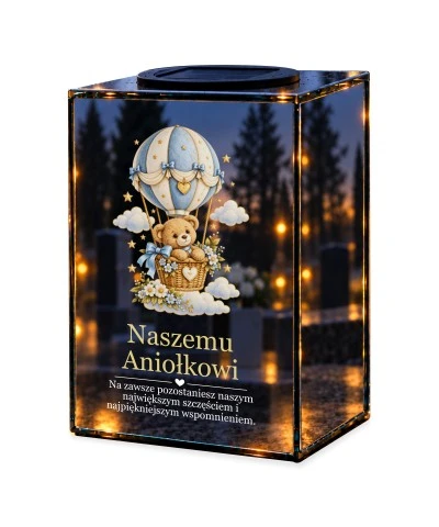 Znicz lustrzany solarny LED – Miś w balonie — Aniołkowi — noc, białe tło