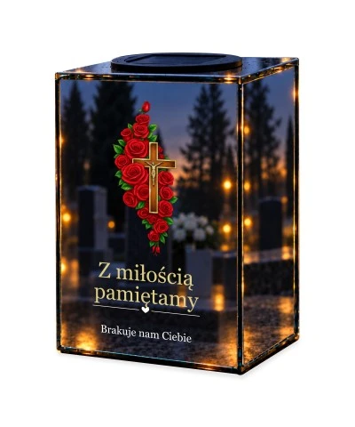 Znicz lustrzany solarny LED – Krzyż z czerwonymi różami — noc, białe tło