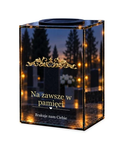 Znicz lustrzany solarny LED – Złoty ornament pamięci — noc, białe tło