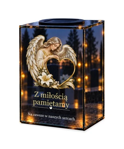 Znicz lustrzany solarny LED – Anioł przy sercu — noc, białe tło