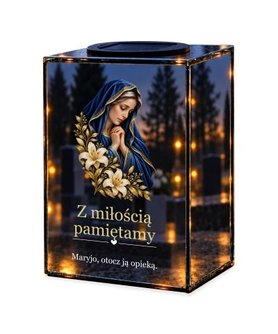 Znicz lustrzany solarny LED – Maryja w błękitnym welonie — noc, białe tło